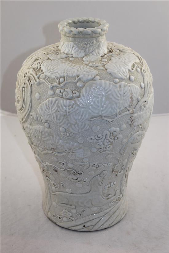 A Japanese porcelain moriage work baluster vase, early 20th century, 37cm